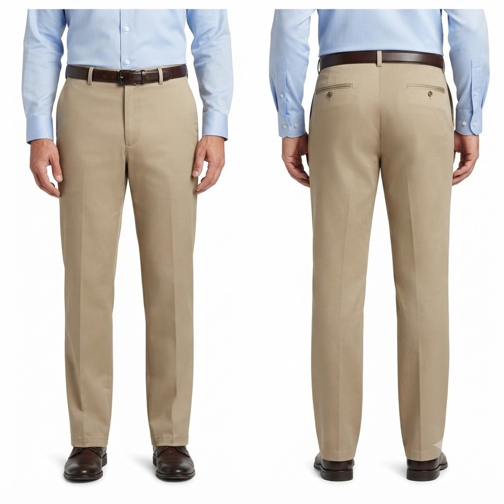 Roundtree & Yorke Pants Men Gold Label Big Man Khaki 46x30 Cotton Flat Front